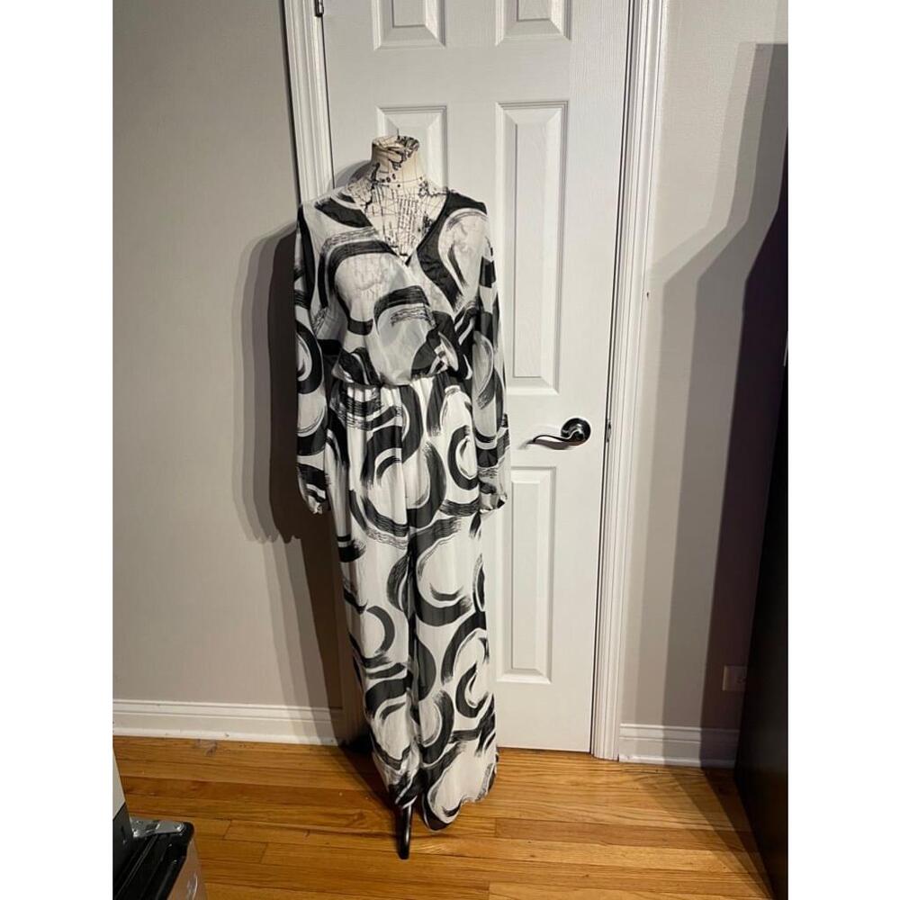 NWOT VA VA VOOM Abstract Wrap V-Neck Long Sleeve coastal Sz L Retro maxi dress